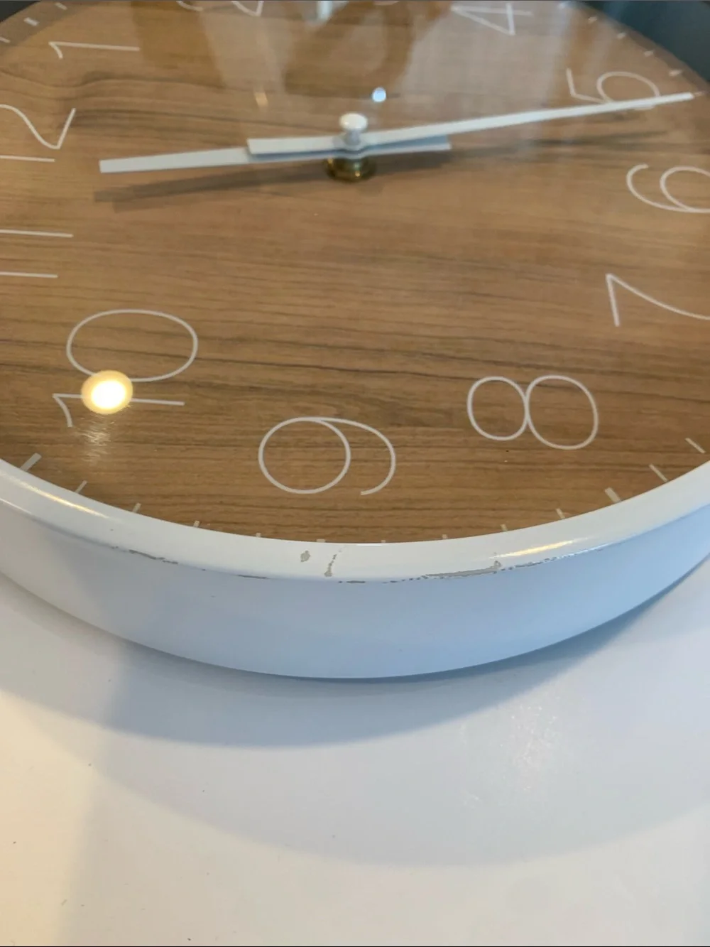 Non-Ticking Round Wall Clock Faux Wood Grain Quartz Battery Operated White Rim